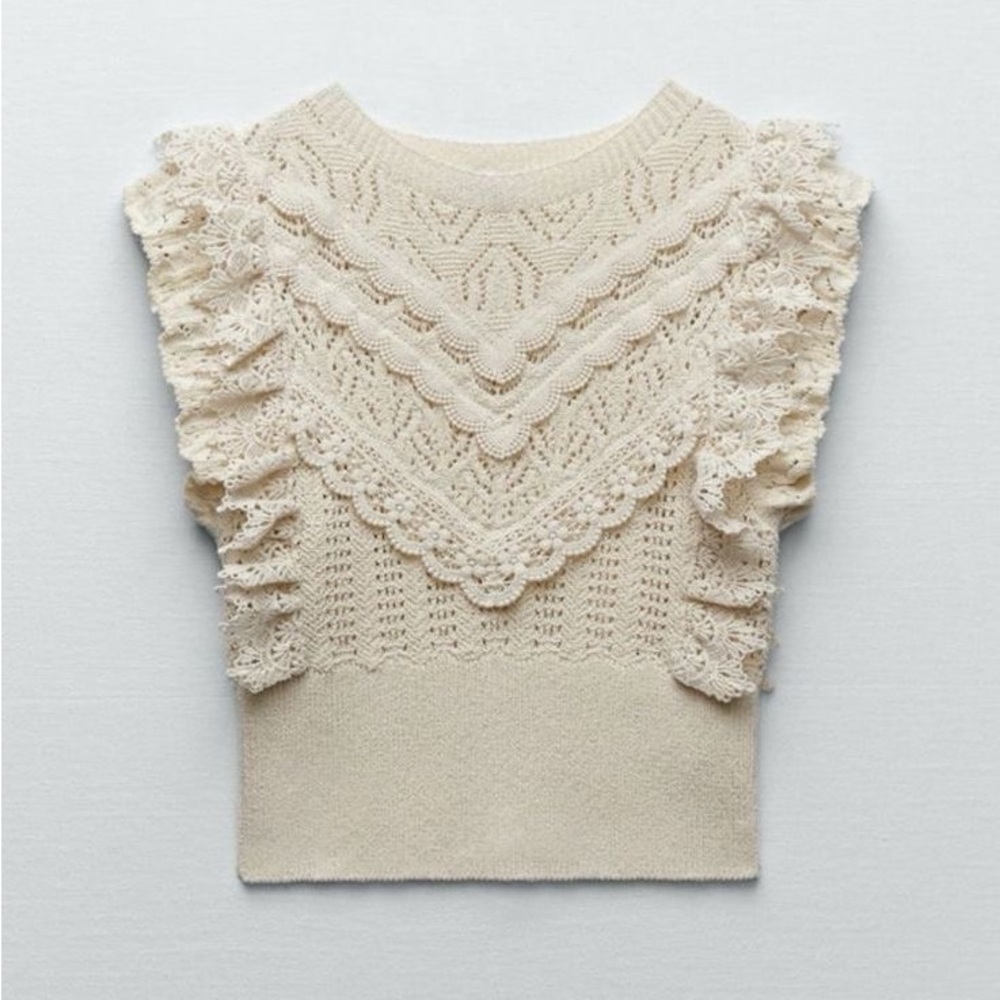 Zara Knit Pointelle Cream Knit Top NWOT Small